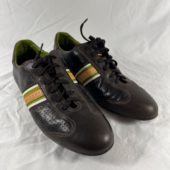 LOUIS VUITTON Brown Perforated Leather Striped Monogram Sneakers 7UK 8US - Picture 5 of 17